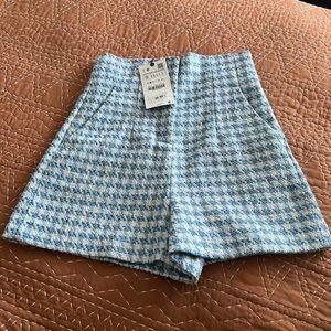 Zara tweed blue and white high rise shorts